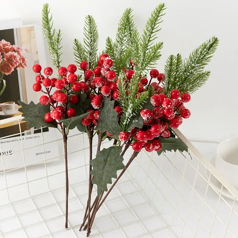Noël Baies Rouges Artificielles Aiguilles de Pin Branches Fausses Tiges de Baies Pour Fête Décoration de la Maison Arrangement Floral
