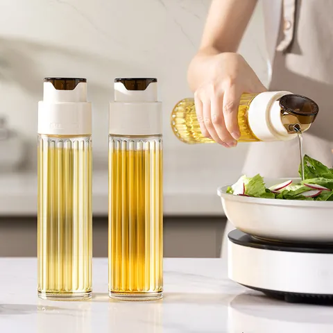 Gravity Automatic Opening Closing Glass Oil Bottle Leakproof Ribbed Vinegar Soy Sauce Container With Stainless Steel Spout For Kitchen