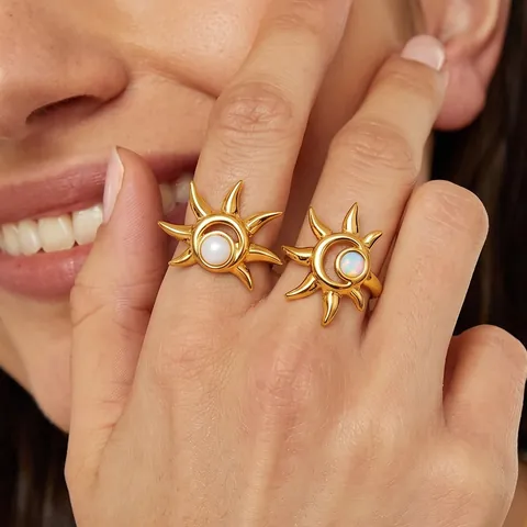 Edelstahl Sonne Ring Für Damen 18K Vergoldet Katzenaugenstein Geometrisch Verstellbar Minimalistisch Schmuck Ring Geschenk