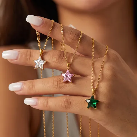 Edelstahl Stern Anhänger Halskette Für Damen 18K Vergoldet Eingelegter Zirkonia Minimalist Mode Schlüsselbein Kette Schmuck
