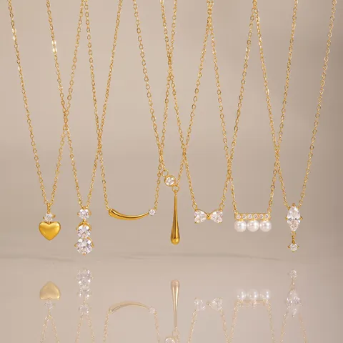 Edelstahl Herz Wassertropfen Anhänger Halskette Für Damen 18K Vergoldet Strass Künstliche Perle Halskette Mode Schmuck