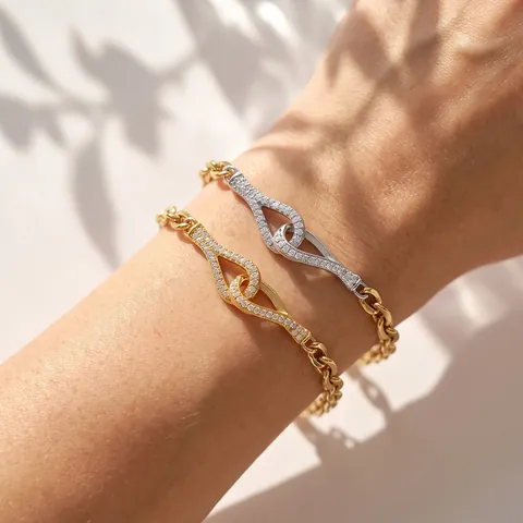 Damen Mode Ins Stil Geometrische Ineinandergreifende Doppelkreis Edelstahl Armband 18K Vergoldet Strass Schmuck
