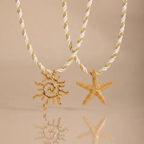 Geometrische Seestern Sonne Anhänger Edelstahl Halskette Für Damen Handgemachte Weiß Gold Seilkette Nischen Schmuck Geschenk