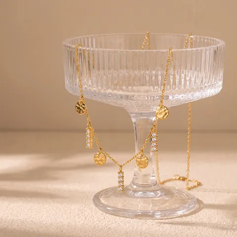 Edelstahl Gehämmerte Scheibe Quaste Strass Halskette Für Damen Mode 18K Vergoldet Geometrischer Schmuck Geschenk