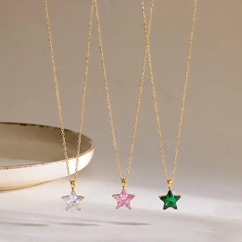 Edelstahl Stern Anhänger Halskette Für Damen 18K Vergoldet Eingelegter Zirkonia Minimalist Mode Schlüsselbein Kette Schmuck