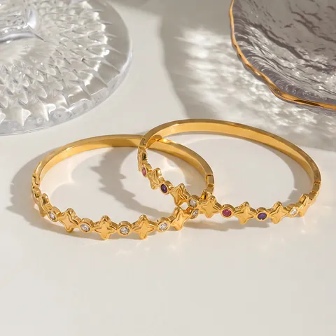 Europäischer Stil Edelstahl Sternmuster Armreif 18K Vergoldet Inlaid Bunter Strass Damen Trendy Mode Schmuck