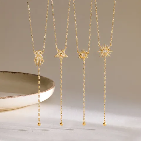 18K Vergoldete Edelstahl Stern Böses Auge Anhänger Halskette Für Damen Geometrische Strass Eingelegte Lariat Halskette Schmuck
