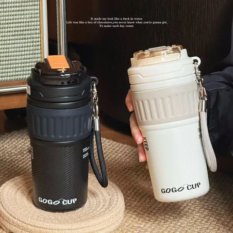Edelstahl Vakuum Isolierter Kaffeebecher Doppelter Trinkdeckel Tragbarer Gurt Reise Thermowasserflasche Auto Büro Tasse