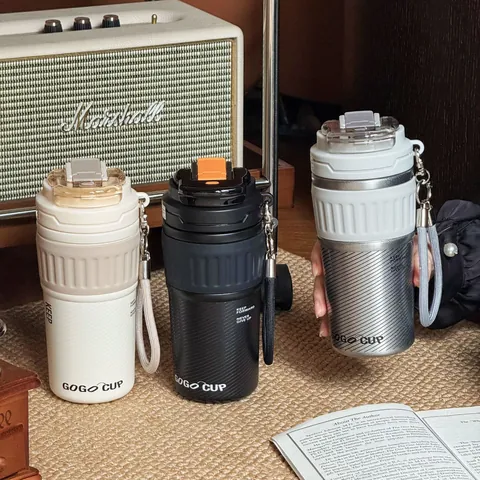 Edelstahl Vakuum Isolierter Kaffeebecher Doppelter Trinkdeckel Tragbarer Gurt Reise Thermowasserflasche Auto Büro Tasse