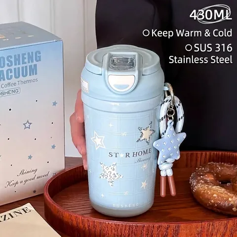 Tragbarer 316 Edelstahl Kaffeebecher Sternanhänger Doppeltrinkdeckel Isolierbecher Für Damen Reise Büro Auslaufsicherer Becher