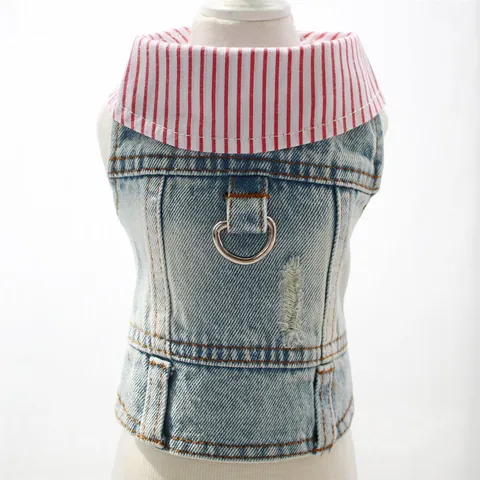 Distressed Pet Denim Vest With D-Ring Traction Buckle Striped Shirt Collar Small Dog Clothes Washed Denim Puppy Waistcoat