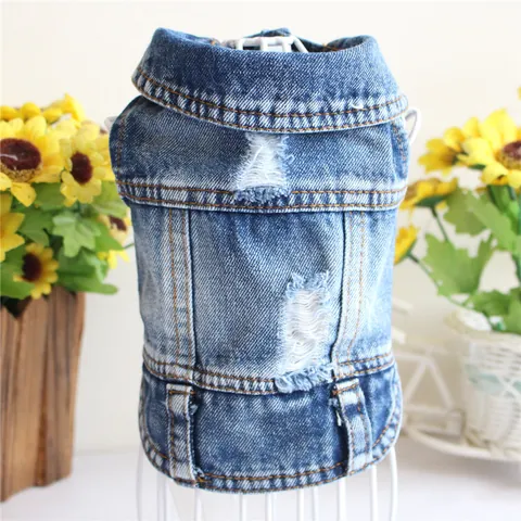 Gilet di Denim per Animali Domestici Strappato Effetto Usurato per Cani Piccoli Gatti Cuccioli Giacca di Denim Senza Maniche Abbigliamento Animali Retro Casual