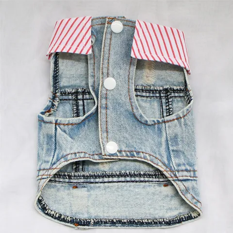 Distressed Pet Denim Vest With D-Ring Traction Buckle Striped Shirt Collar Small Dog Clothes Washed Denim Puppy Waistcoat