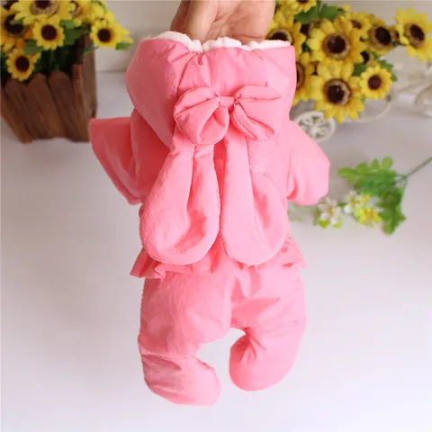Cute Bunny Ear Hooded Pet Dog Winter Jumpsuit Thickened Warm Small Dog Coat Bichon Teddy Four-Legged Bowknot Cotton Clothes
