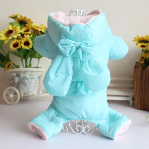 Cute Bunny Ear Hooded Pet Dog Winter Jumpsuit Thickened Warm Small Dog Coat Bichon Teddy Four-Legged Bowknot Cotton Clothes