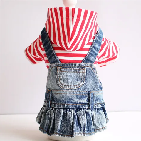 Vestido de Mezclilla a Rayas para Perro Dobladillo con Volantes Ropa para Mascotas Cachorros para Perros Pequeños Teddy Rayas Rojas y Blancas