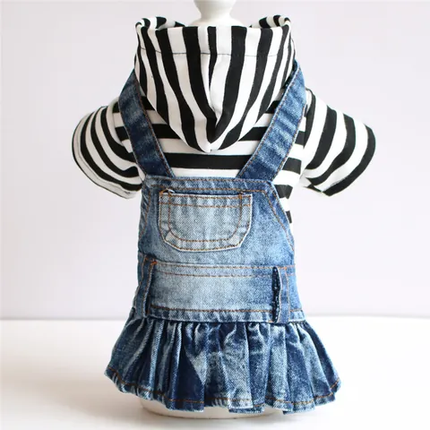 Pet Dog Striped Denim Dress For Teddy Puppy Small Dogs Cotton Denim Hooded Pleated Stitching Puppy Dress Spring Autumn Winter Casual Dog Clothes