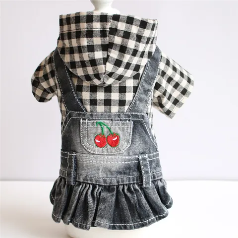 Vestido de Mezclilla con Capucha de Cuadros para Perro Bordado de Cereza Ropa para Perros Pequeños Teddy Otoño Invierno