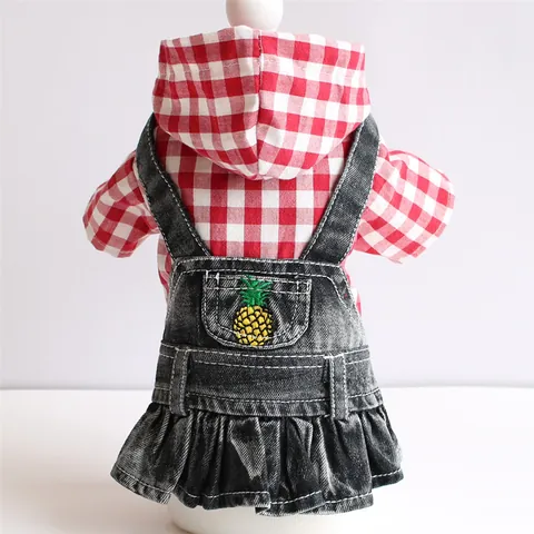 Pet Dog Dress Gingham Hooded Top Denim Skirt Splicing Pineapple Embroidery Puppy Clothes For Teddy Small Dogs