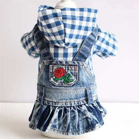Vestito in Denim per Cani Blu a Quadretti Patchwork Rosa Ricamato Gonna a Pieghe per Cani Piccoli Medi Abbigliamento Stile Principessa