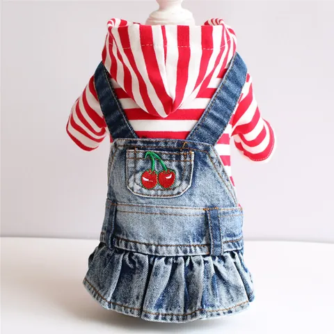 Pet Dog Striped Denim Dress Cherry Embroidery Hooded Fake Two Piece Puppy Ruffle Skirt For Small Dogs Teddy Spring Autumn Clothes
