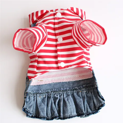 Vestido de Mezclilla a Rayas para Perro Dobladillo con Volantes Ropa para Mascotas Cachorros para Perros Pequeños Teddy Rayas Rojas y Blancas