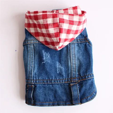Pet Dog Hooded Denim Vest Red Plaid Patchwork Casual Dog Clothes For Small Dogs Teddy Bichon Distressed Denim Jacket Vest