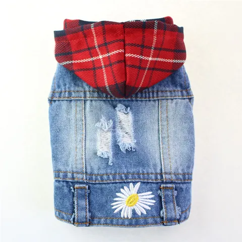 Pet Dog Denim Vest Hooded Plaid Distressed Jeans Jacket With Daisy Embroidery For Teddy Bichon Small Dogs Puppy Clothing
