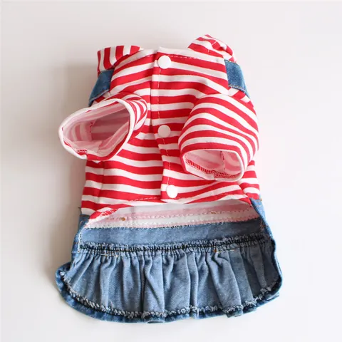 Cute Pineapple Embroidered Striped Pet Dog Denim Dress Ruffle Hooded Puppy Skirt For Small Dogs Autumn Winter Clothing
