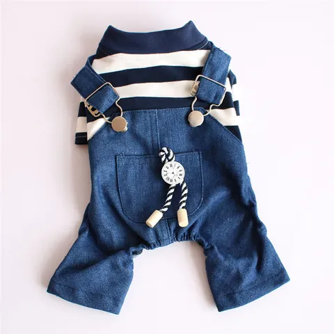 Pet Dog Denim Jumpsuit Striped T-Shirt Overalls For Small Dogs Teddy Fashion Four-Legged Clothes Spring Autumn Outfit