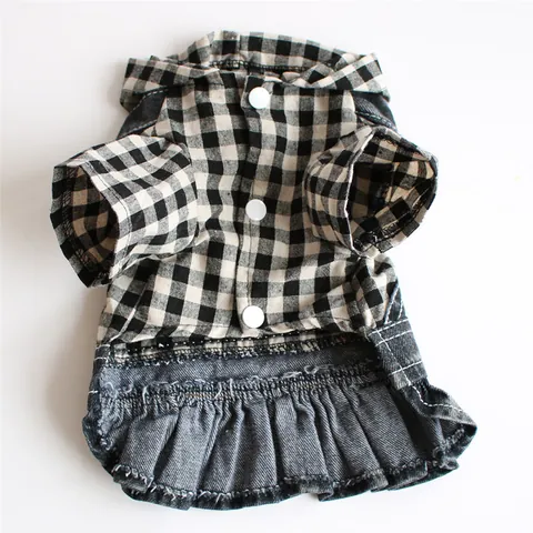 Vestido de Mezclilla con Capucha de Cuadros para Perro Bordado de Cereza Ropa para Perros Pequeños Teddy Otoño Invierno