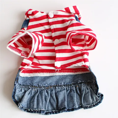 Pet Dog Striped Denim Dress Cherry Embroidery Hooded Fake Two Piece Puppy Ruffle Skirt For Small Dogs Teddy Spring Autumn Clothes