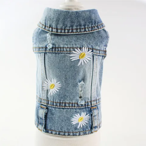 Pet Dog Denim Vest Daisy Embroidery Distressed Small Dog Jean Jacket For Bichon Teddy Puppy Cat Vest Apparel