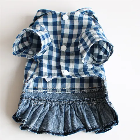 Vestito in Denim per Cani Blu a Quadretti Patchwork Rosa Ricamato Gonna a Pieghe per Cani Piccoli Medi Abbigliamento Stile Principessa