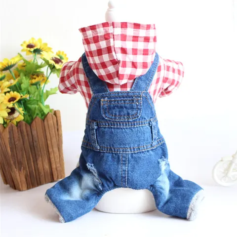 Pet Dog Cat Red Plaid Denim Hoodie Jumpsuit Winter Warm Fleece Lined Overalls For Small Dogs Puppies Cats Kittens Jumpsuit