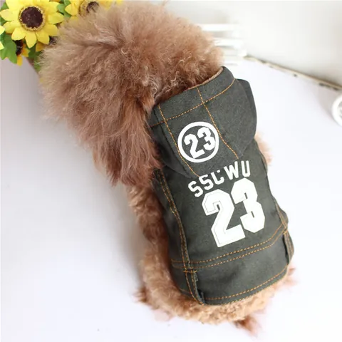 Casual Printed Denim Pet Vest Fleece Lining Hooded Dog Clothes For Small Dogs Cats Letter Number Pattern Autumn Winter Warm Pet Apparel