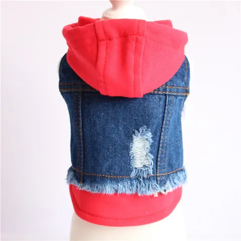 Fashionable Pet Denim Vest Distressed Broken Hole Dog Hoodie Jacket Casual Fake Two Piece Vest For Small Dogs Bichon Teddy