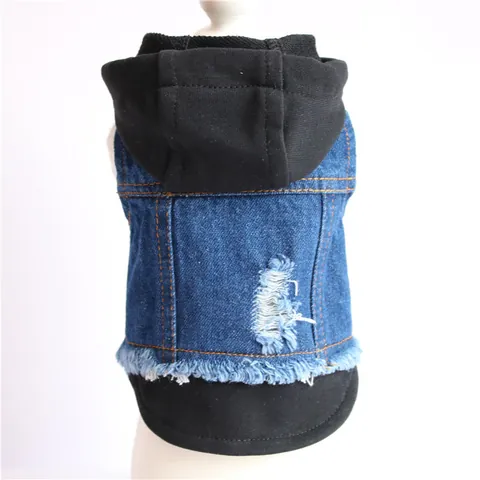 Fashionable Pet Denim Vest Distressed Broken Hole Dog Hoodie Jacket Casual Fake Two Piece Vest For Small Dogs Bichon Teddy