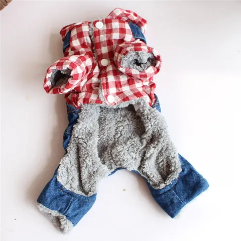 Pet Dog Cat Red Plaid Denim Hoodie Jumpsuit Winter Warm Fleece Lined Overalls For Small Dogs Puppies Cats Kittens Jumpsuit