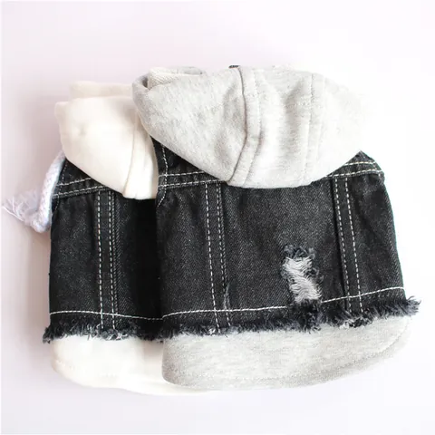 Fashion Pet Dog Denim Vest Hoodie Fake Two-Piece Distressed Dog Jacket For Small Medium Dogs Teddy Casual Clothes