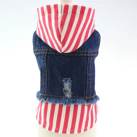 Honden Denim Vest Met Capuchon Gestreept Patchwork Puppy Kleding Distressed Jeansjas Voor Teddy Bichon Kleine Honden Huisdier Kleding