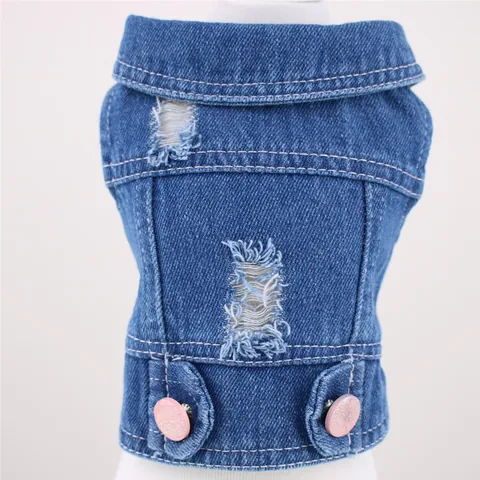 Pet Dog Denim Vest Distressed Ripped Jeans Jacket For Small Dogs Teddy Fashionable Sleeveless Puppy Clothes With Decorative Buttons