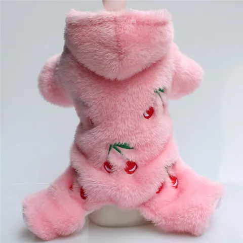 Kirsch Stickerei Hunde-Jumpsuit Verdickter Vlies Haustierbekleidung Kapuzenwelpenmantel Für Kleine Hunde Teddy Warme Winterbekleidung