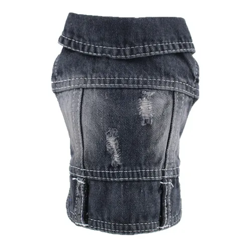 Retro Ripped Pet Dog Denim Vest Washed Black Denim Jacket For Small Dogs Puppy Teddy Sleeveless Autumn Spring Apparel