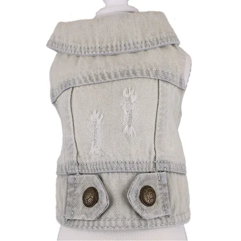 Pet Dog Distressed Denim Vest Fashion Ripped Jean Jacket Puppy Clothes Turn Down Collar Sleeveless Waistcoat For Teddy Bichon Small Dogs