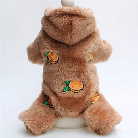 Süßer Mit Orangen Bestickter Plüsch Hundeoverall Herbst Winter Warmer Kapuzenwelpe Strampler Haustierkleidung Für Kleine Hunde