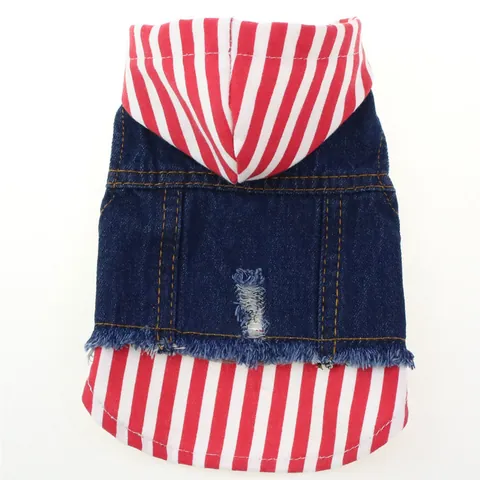 Honden Denim Vest Met Capuchon Gestreept Patchwork Puppy Kleding Distressed Jeansjas Voor Teddy Bichon Kleine Honden Huisdier Kleding