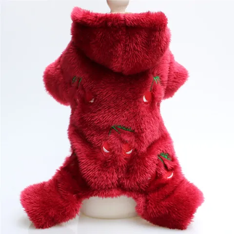 Kirsch Stickerei Hunde-Jumpsuit Verdickter Vlies Haustierbekleidung Kapuzenwelpenmantel Für Kleine Hunde Teddy Warme Winterbekleidung