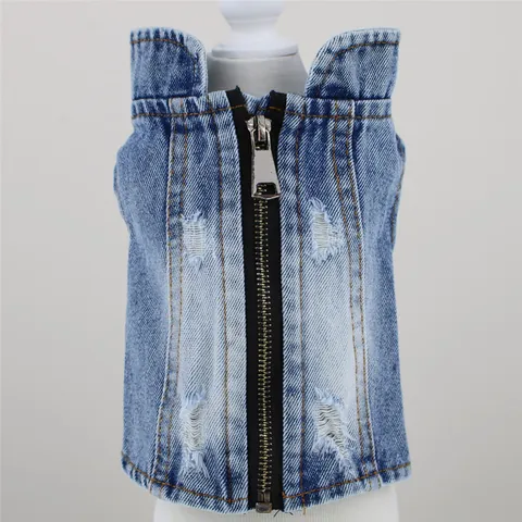 Fashion Shredded Distressed Pet Dog Denim Vest Small Dog French Bulldog Clothes Vintage Washed Denim Pet Jacket With Metal Zipper