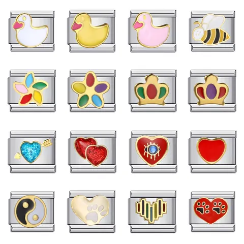 Stainless Steel Italian Charm Link DIY Bracelet Modular Jewelry Gold Plated Enamel Heart Duck Bee Flower Evil Eye Yin Yang Pattern Charm Component For Women
